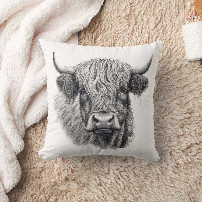 Scottish Highland Cow Sketch Graphic Art  Cushion (Blanket)