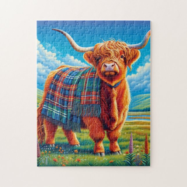 Scottish Highland Cow, Tartan Rug Jigsaw Puzzle (Vertical)