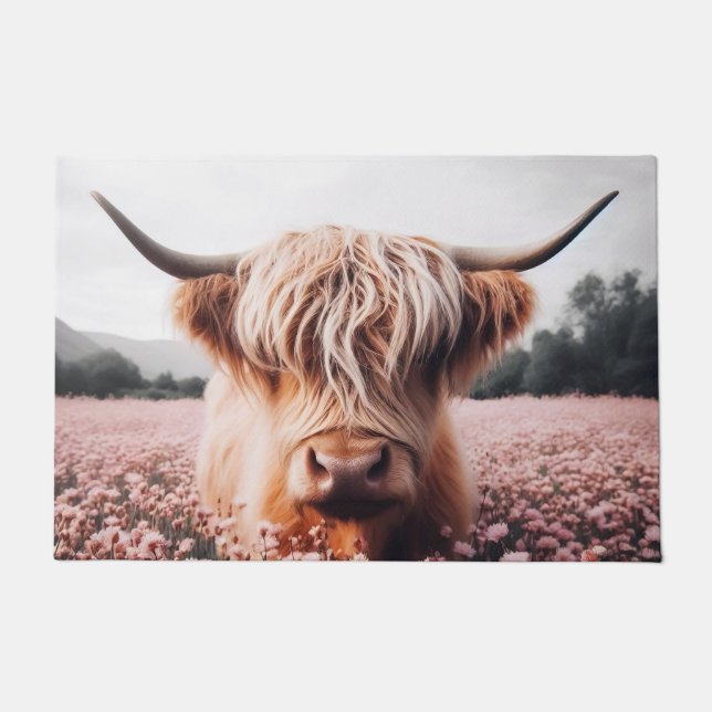 Scottish Highland Cow Wildflower Field Doormat (Front)