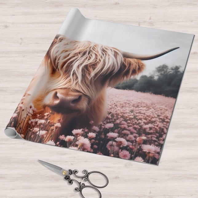 Scottish Highland Cow Wildflower Field Wrapping Paper (Creator Uploaded)