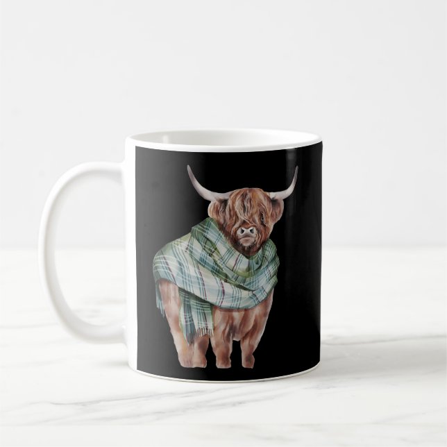 Scottish Highland Cow With Green Plaid Scarf Heife Coffee Mug (Left)