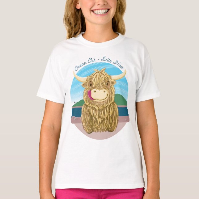Scottish Highland Cow With Ocean Salty Hair T-Shirt (Front)