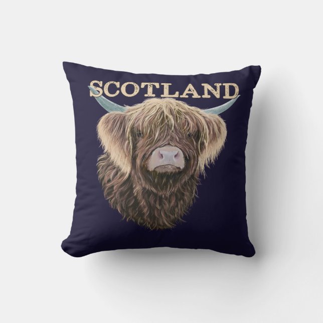 Scottish Highland Cow With Scotland Slogan Cushion (Front)