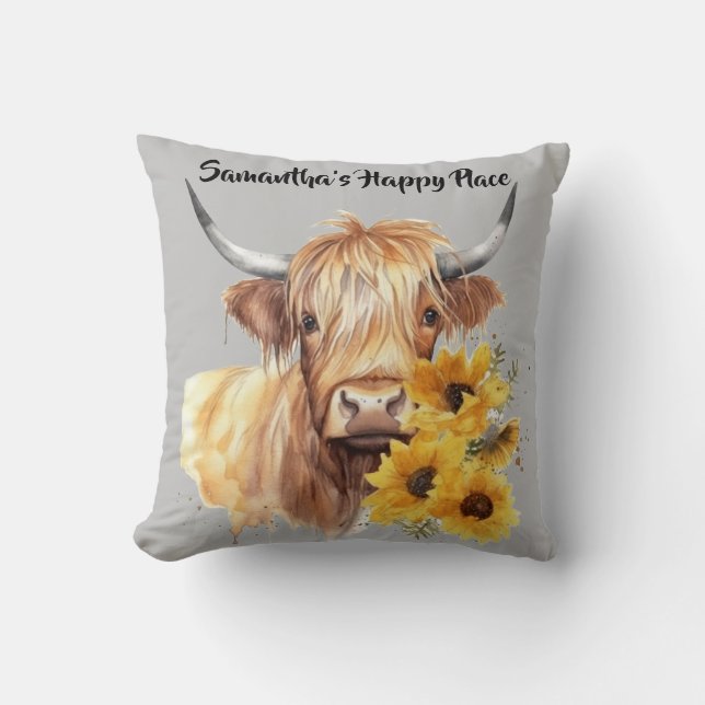Scottish Highland Cow with Sunflowers. Editable Cushion (Front)