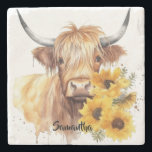 Scottish Highland Cow with Sunflowers. Editable Stone Coaster<br><div class="desc">Scottish Highland Cow with sunflowers. The name is editable.  There is also a mug listing in my shop which matches this image.</div>