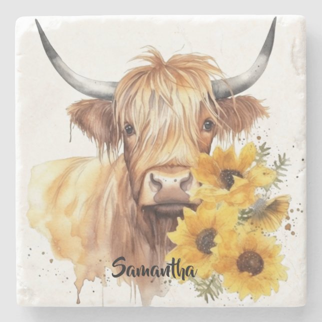Scottish Highland Cow with Sunflowers. Editable Stone Coaster (Front)
