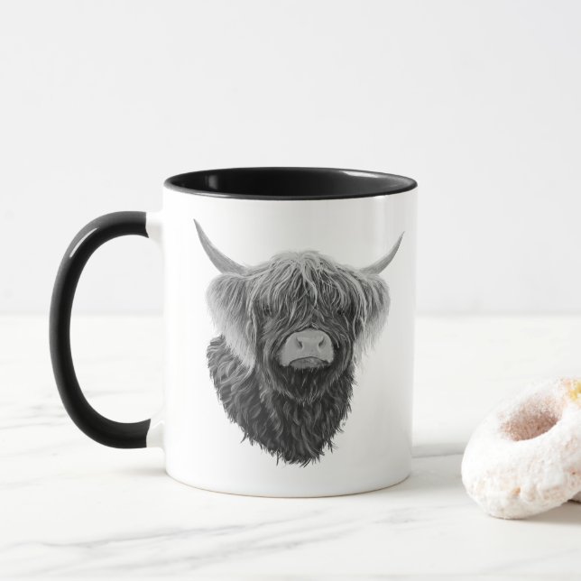 Scottish Highland Cow With Windswept Hair Mug (With Donut)