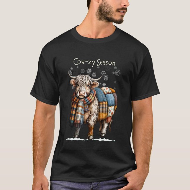 Scottish Highland Cow-zy Winter Patchwork Design T-Shirt (Front)