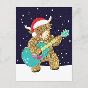 Scottish Highland Cows Plays A Christmas Guitar Postcard