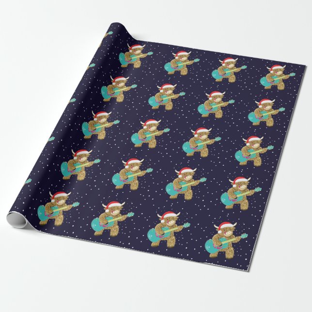 Scottish Highland Cows Plays A Christmas Guitar Wrapping Paper (Unrolled)