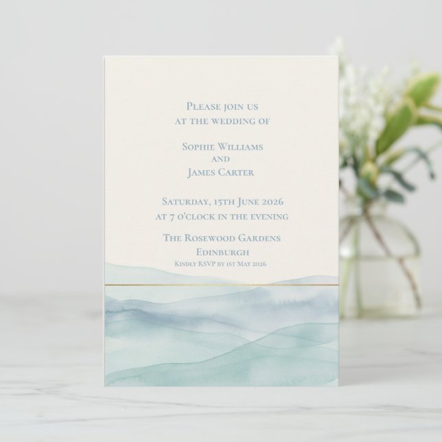 Scottish Highland Loch Blue Watercolour Wedding Invitation (Standing Front)