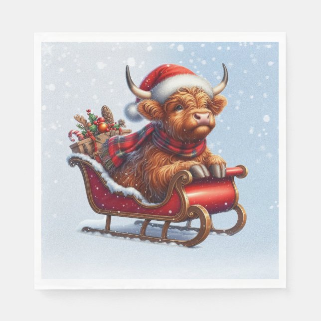Scottish highland Santa cow in sled Napkin (Front)