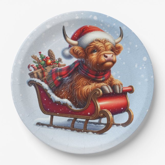 Scottish highland Santa cow in sled Paper Plate (Front)
