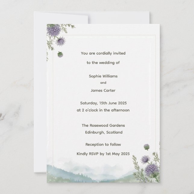 Scottish Highland Thistle Wedding Invitation | Wat (Front)