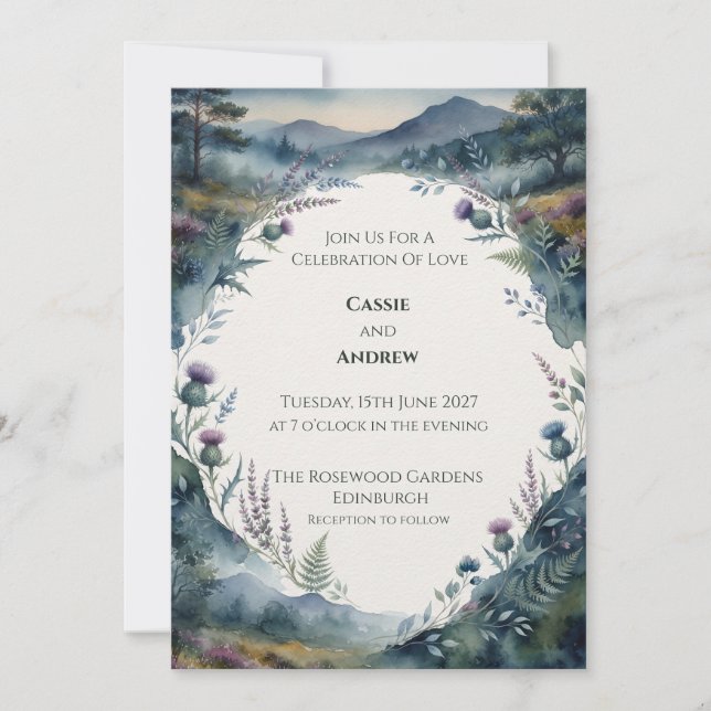 Scottish Highlands Thistle Wedding Invitation (Front)