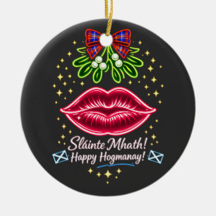 Scottish Hogmanay Mistletoe Neon Tartan Gift Ceramic Ornament