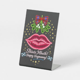 Scottish Hogmanay Mistletoe Neon Tartan Gift Pedestal Sign