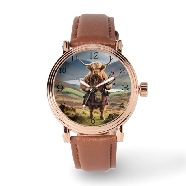 Scottish Humour: Highland Cow Bagpiper Watch (Front)