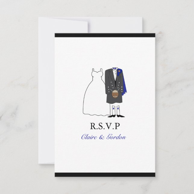 Scottish Kilt Bride & Groom Wedding RSVP - blue Card (Front)