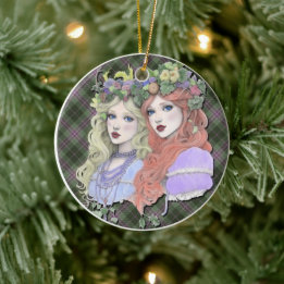 Scottish Lasses on Scottish Thistle tartan Ceramic Ornament