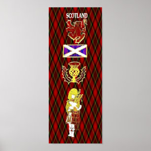 Scottish Lion,Thistle,Flag and Piper on Red Tartan Poster