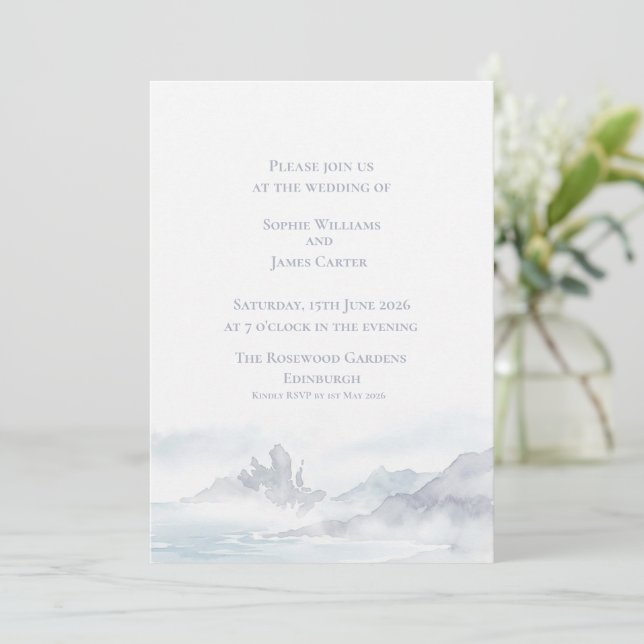 Scottish Misty Highland Loch Landscape Wedding Invitation (Standing Front)