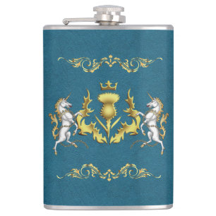 Scottish Personalised Gold Thistle Blue Hip Flask