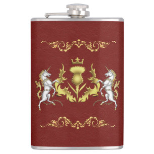 Scottish Personalised Gold Thistle Red Hip Flask