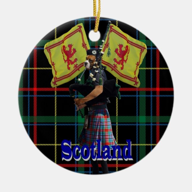 Scottish piper on tartan ceramic tree decoration (Front)