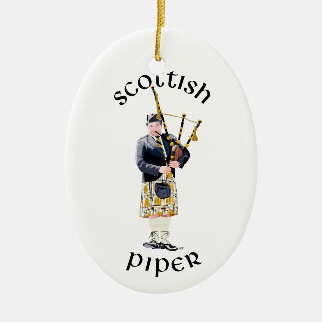 Scottish Piper - Tan Plaid Ceramic Tree Decoration (Front)