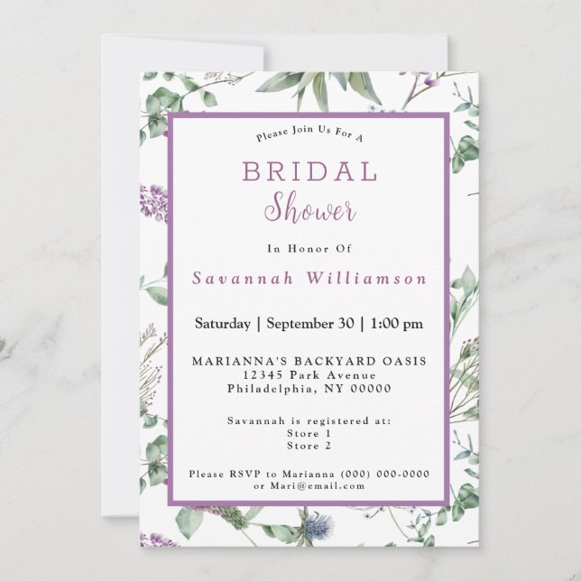Scottish Purple Flowers Watercolor Bridal Shower Invitation (Front)