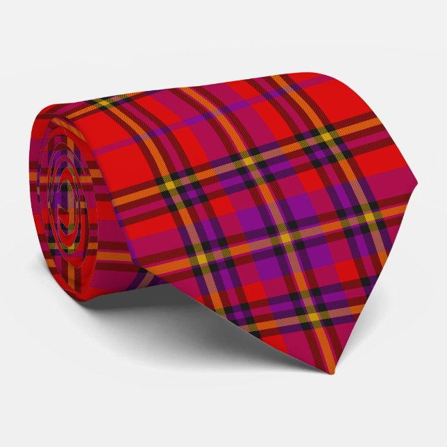 Scottish Red Purple Orange Tartan Plaid Pattern Tie (Rolled)