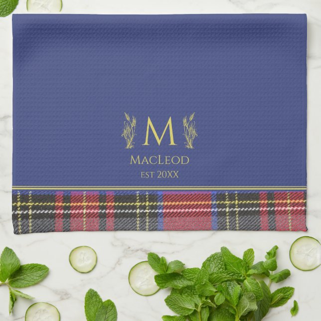 Scottish Red Tartan Customised Custom Name Blue Tea Towel (Folded)