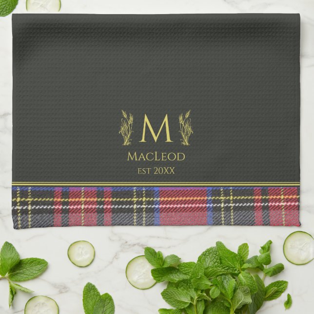 Scottish Red Tartan Personalised Custom Name Black Tea Towel (Folded)