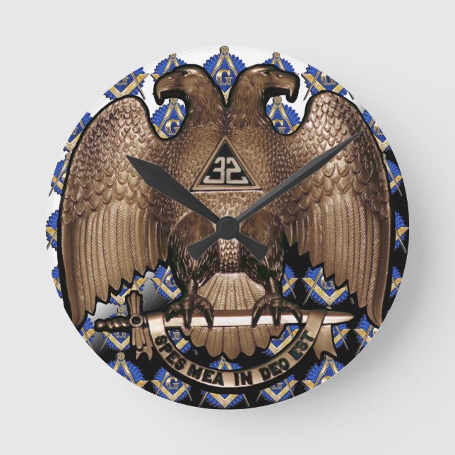 Scottish Rite Square & Compass Black White Diagona Round Clock (Front)