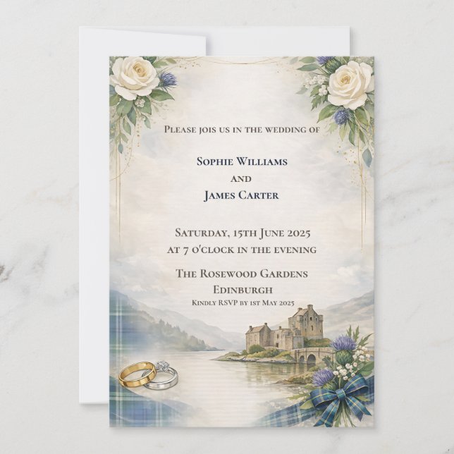 Scottish Rose Thistle Castle Watercolour Wedding I Invitation (Front)