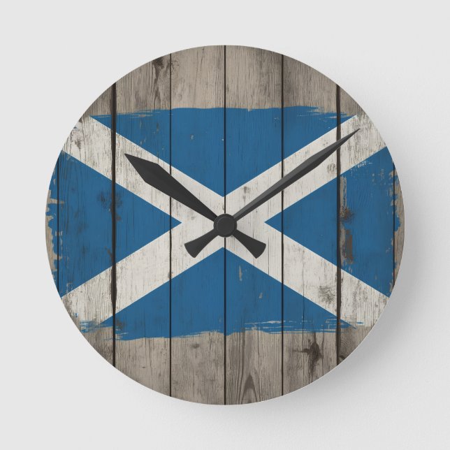 Scottish Saltire Rustic Wood Round Wall Clock | Sc (Front)