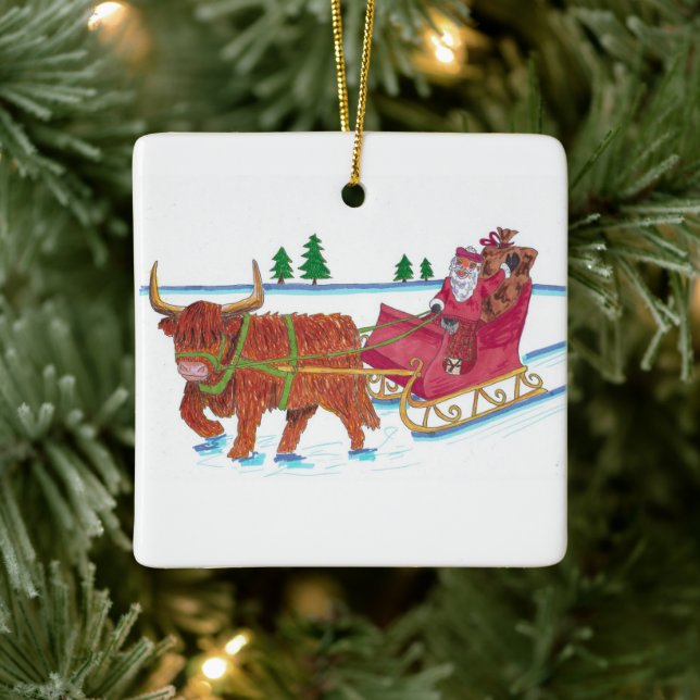 Scottish Santa with Highland Cow pulling sleigh Ceramic Ornament (Tree)