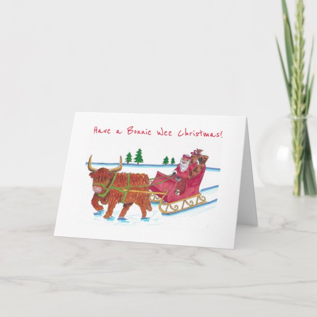 Scottish Santa with Highland Cow pulling sleigh Holiday Card (Front)
