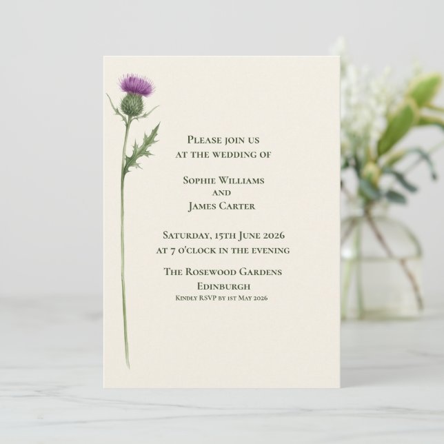 Scottish Single Thistle Botanical Wedding Invitation (Standing Front)