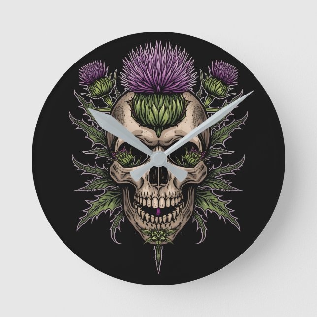 Scottish Skull Thistle Round Wall Clock | Dark Bol (Front)