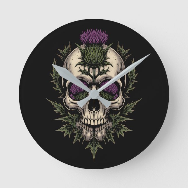 Scottish Skull Thistle Round Wall Clock | Dark Got (Front)