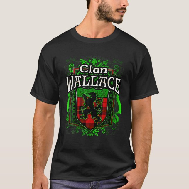 Scottish Surname Clan Wallace Tartan Lion Crest T-Shirt (Front)