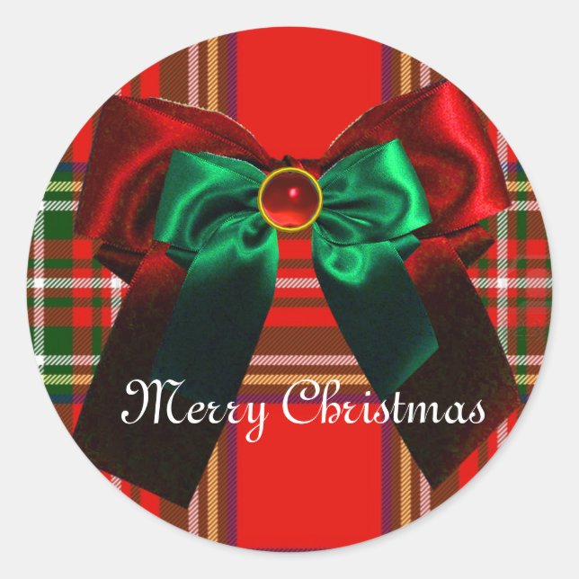 SCOTTISH TARTAN AND RED GREEN BOWS CHRISTMAS PARTY CLASSIC ROUND STICKER (Front)
