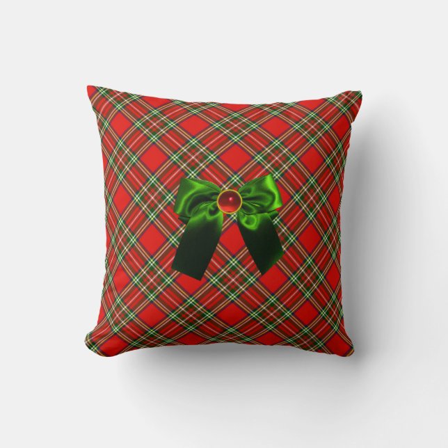 SCOTTISH TARTAN AND RED GREEN BOWS CHRISTMAS PARTY CUSHION (Front)