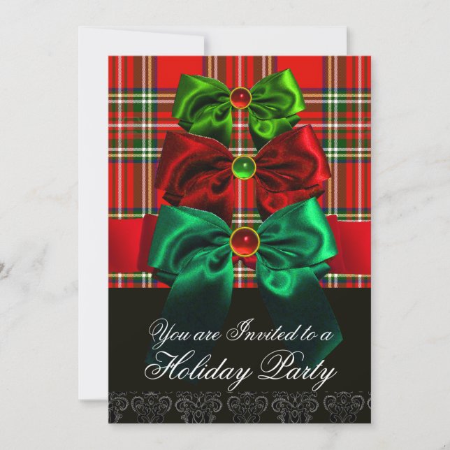 SCOTTISH TARTAN AND RED GREEN BOWS CHRISTMAS PARTY INVITATION (Front)