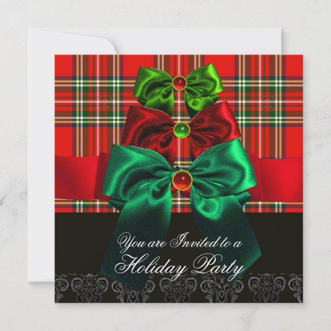 SCOTTISH TARTAN AND RED GREEN BOWS CHRISTMAS PARTY INVITATION (Front)