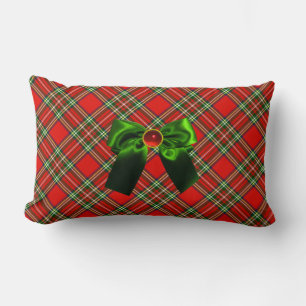 SCOTTISH TARTAN AND RED GREEN BOWS CHRISTMAS PARTY LUMBAR CUSHION