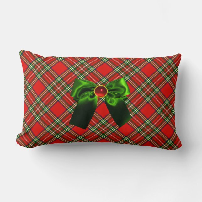 SCOTTISH TARTAN AND RED GREEN BOWS CHRISTMAS PARTY LUMBAR CUSHION (Front)