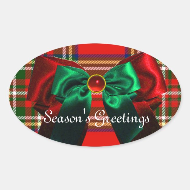 SCOTTISH TARTAN AND RED GREEN BOWS CHRISTMAS PARTY OVAL STICKER (Front)
